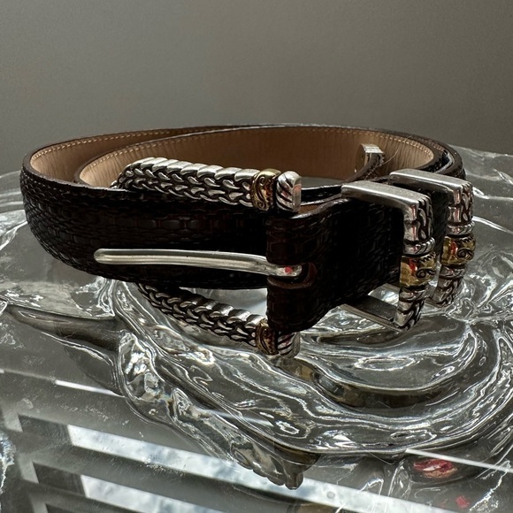 Brighton Brown Leather Belt, silver tone with gold accents, Size M/L 32 - Picture 2 of 8